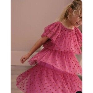 Mini Boden Girls Pink Hearts Tiered Tulle Dress size 3/4 NEW With Tags